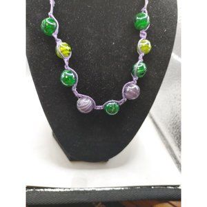 Necklace Purple Cotton Cord Green/ Purple/yellow Glass Round Beads #4